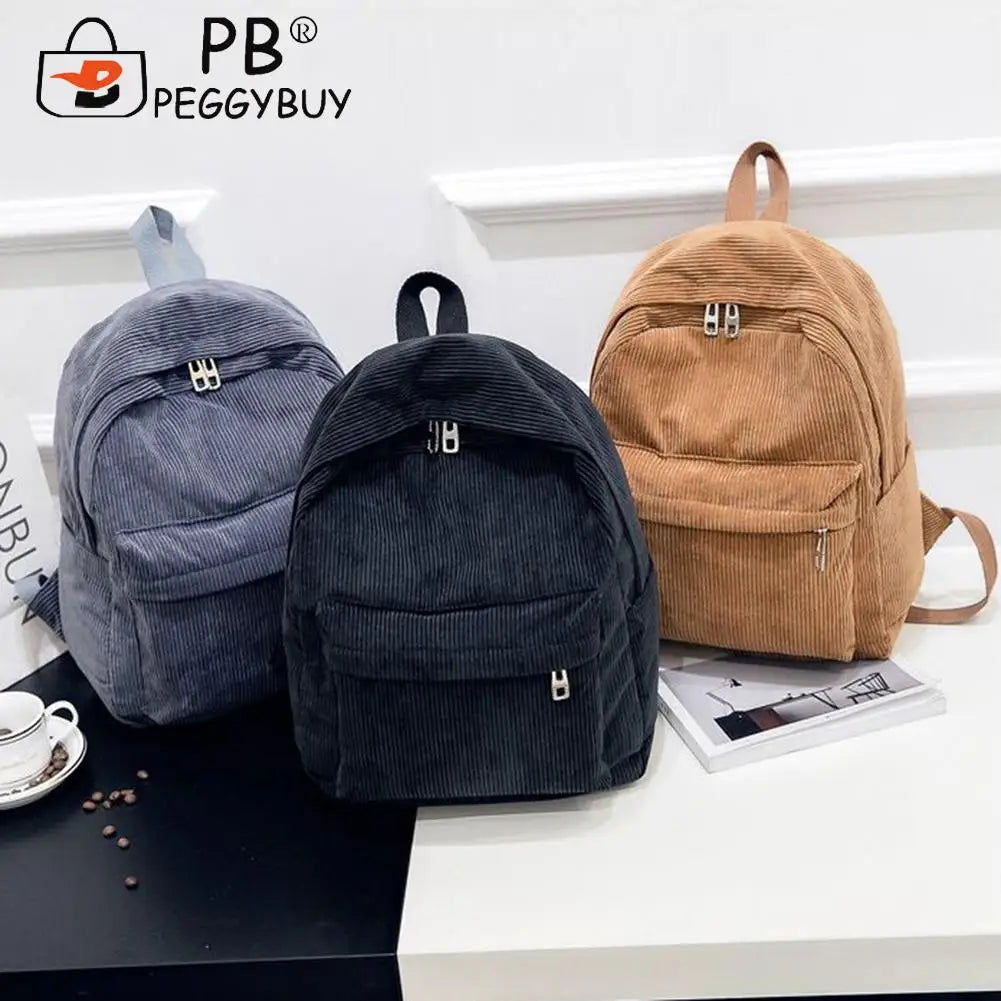 Corduroy School Backpacks Ladies Large Capacity Travel Rucksack Women