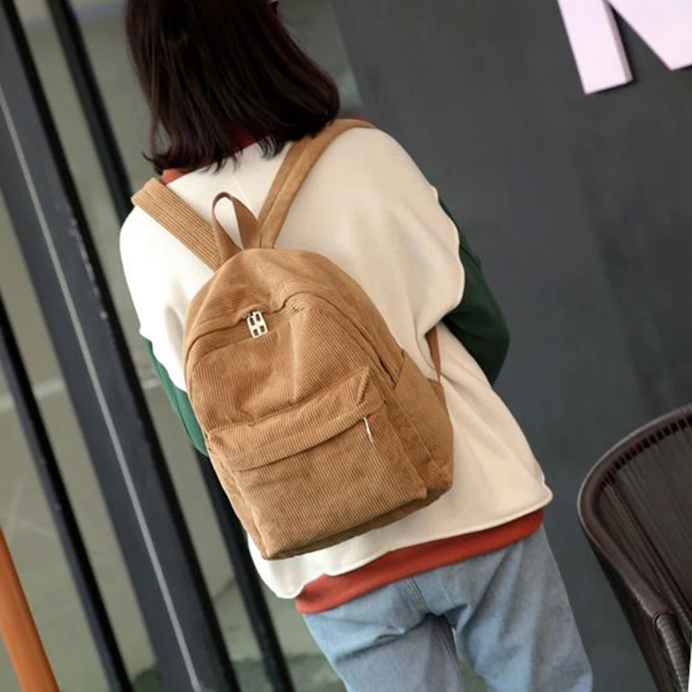Corduroy School Backpacks Ladies Large Capacity Travel Rucksack Women