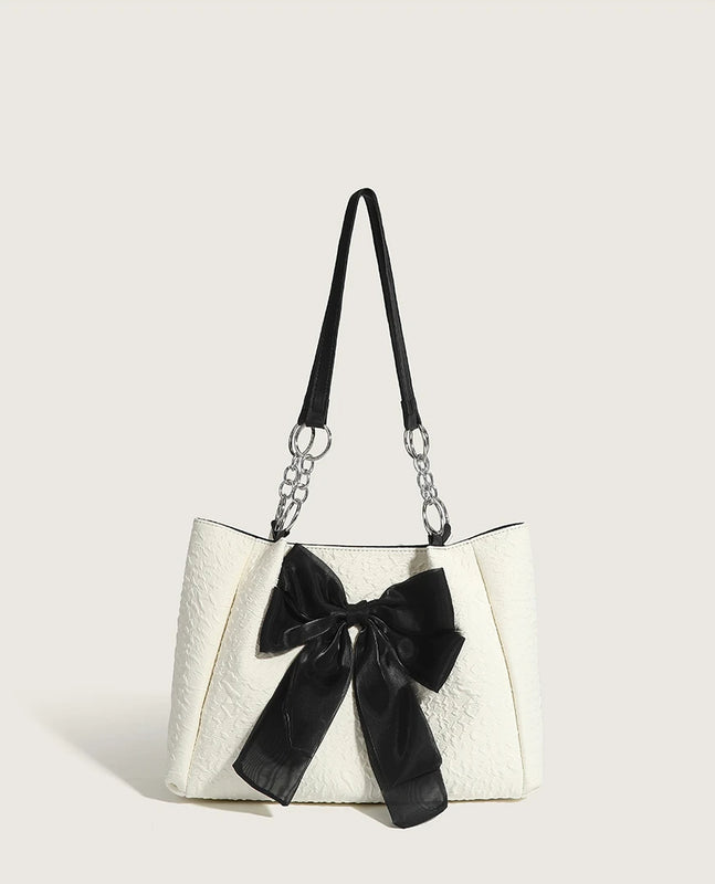Women's Bow Shoulder Bag Solid Color Pleated Handbag