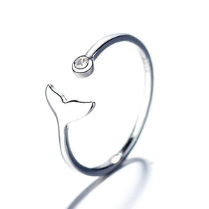 Silver Mermaid Tail Cuff Ring with Sea Whale Fish Tail Bague