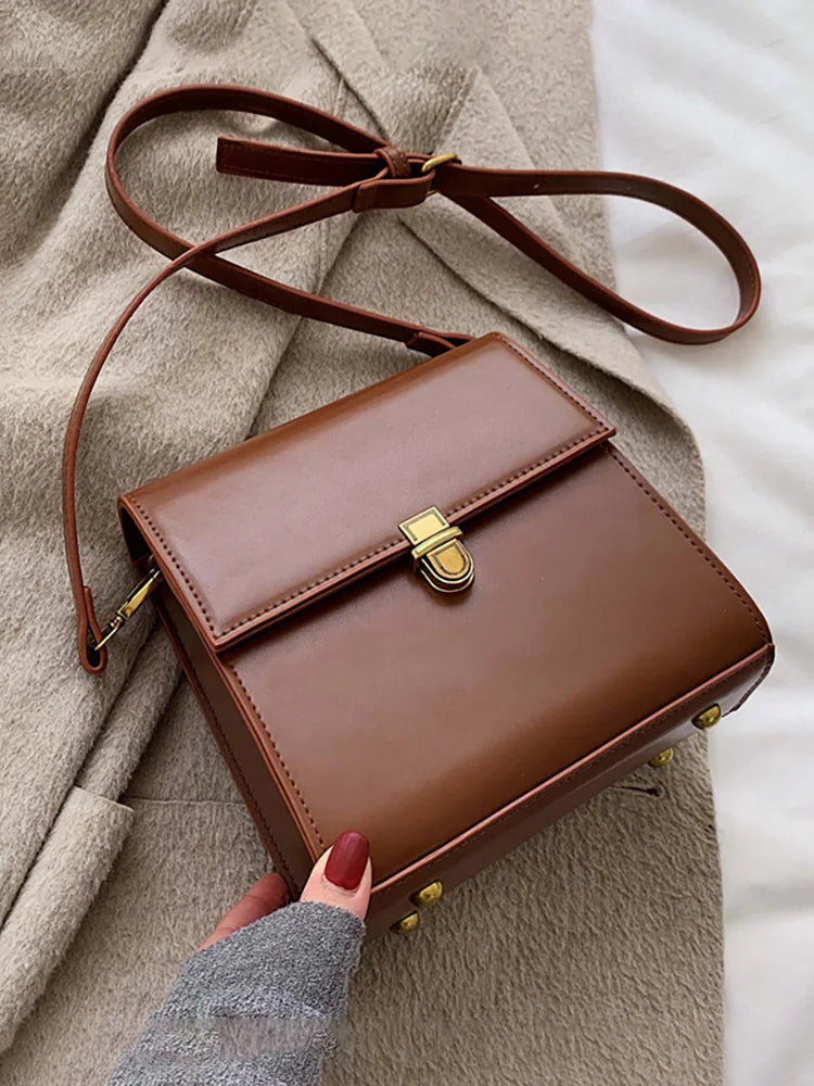 Vintage Crossbody Bag Women Spring Lock Solid Pu Leather Handbag