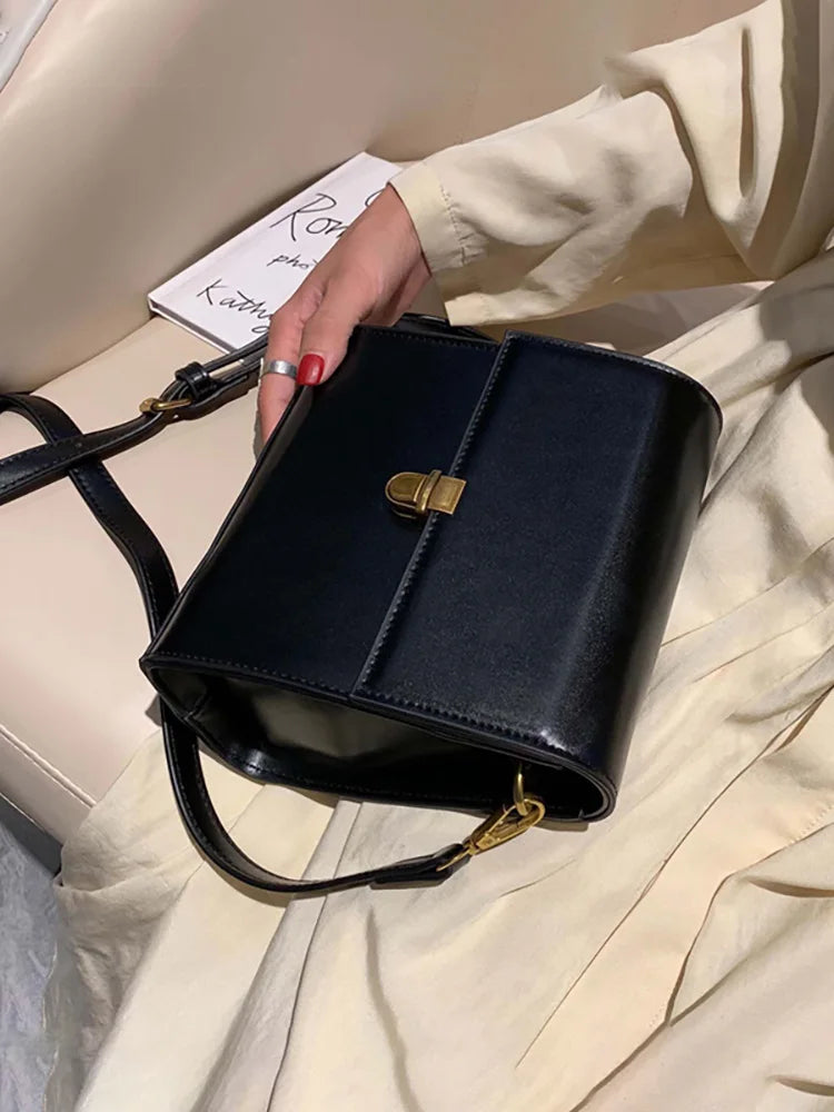 Vintage Crossbody Bag Women Spring Lock Solid Pu Leather Handbag