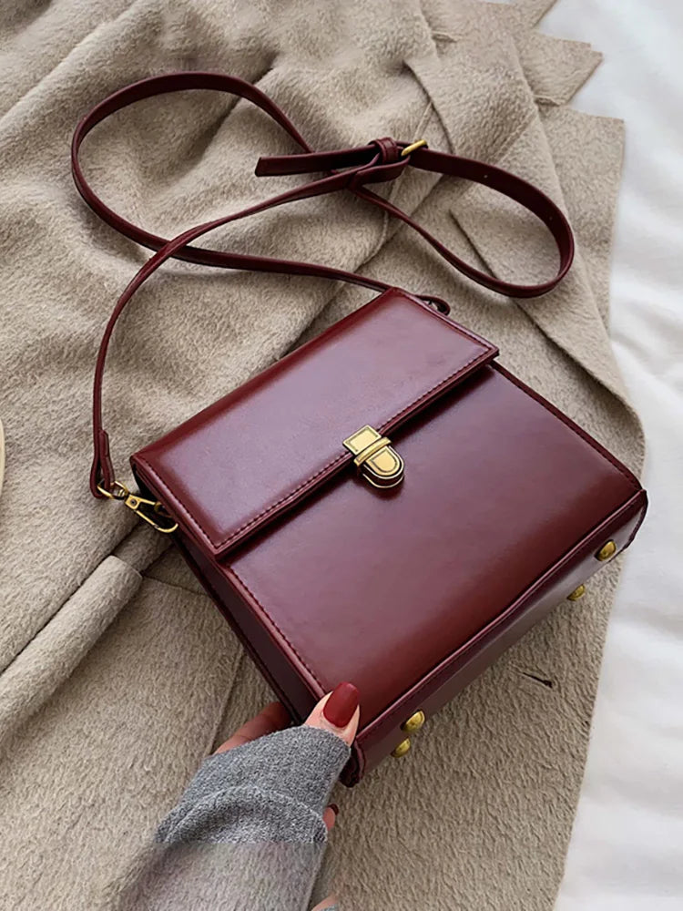 Vintage Crossbody Bag Women Spring Lock Solid Pu Leather Handbag