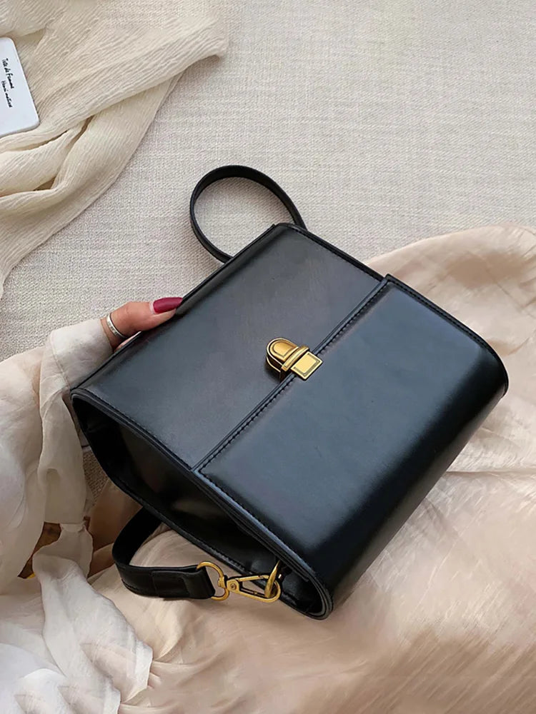 Vintage Crossbody Bag Women Spring Lock Solid Pu Leather Handbag