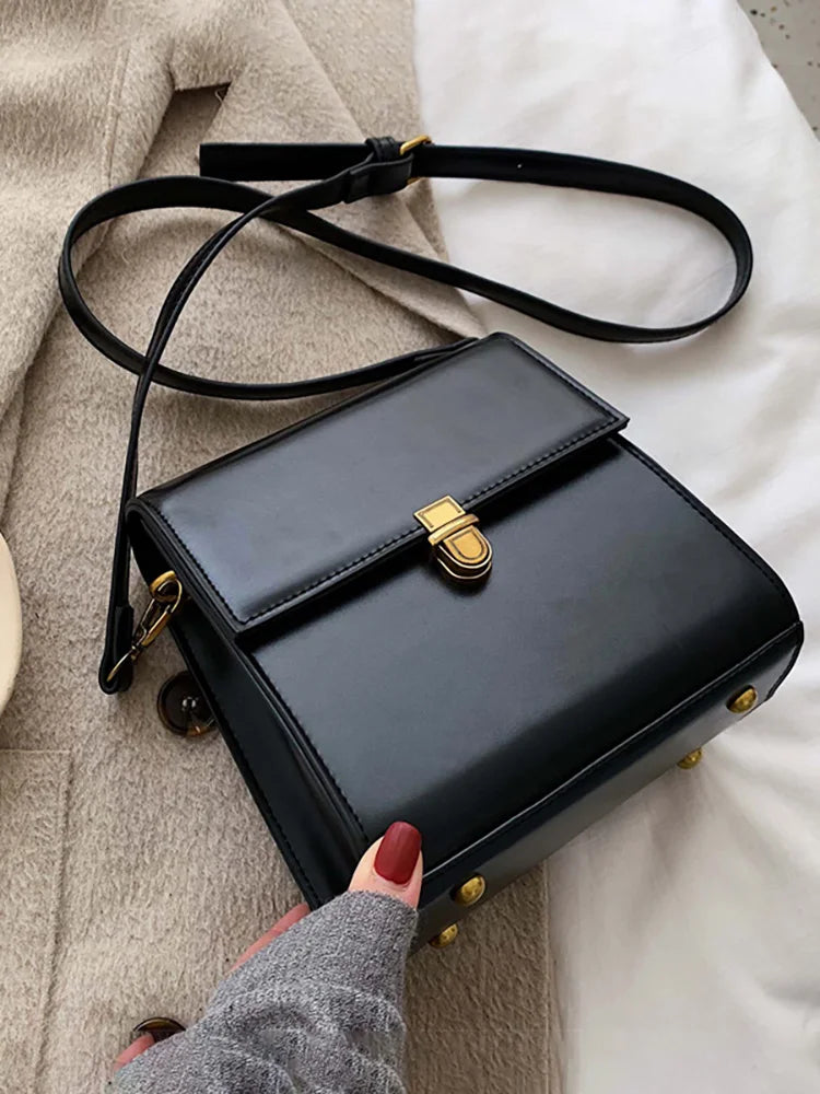 Vintage Crossbody Bag Women Spring Lock Solid Pu Leather Handbag