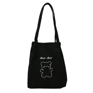 Corduroy Shoulder Shopper Bag Bear Pattern Winter Large Capacity Handbag
