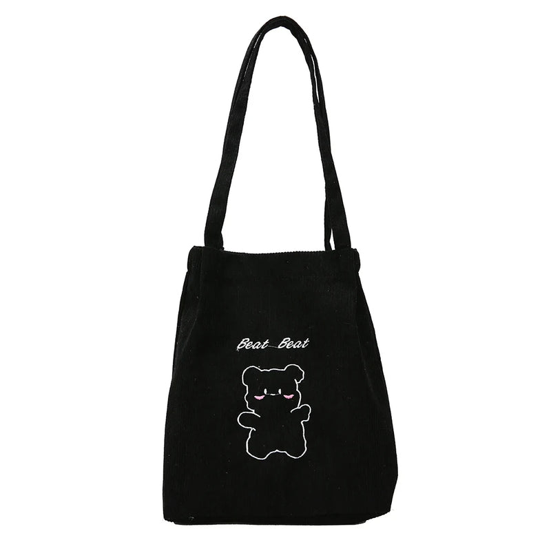 Corduroy Shoulder Shopper Bag Bear Pattern Winter Large Capacity Handbag