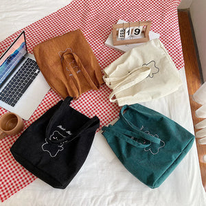 Corduroy Shoulder Shopper Bag Bear Pattern Winter Large Capacity Handbag