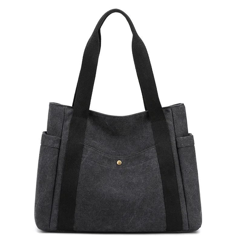 Large Capacity Canvas Tote Bag Retro Art Shoulder Bag Solid Color