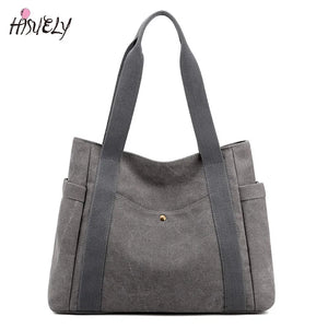 Large Capacity Canvas Tote Bag Retro Art Shoulder Bag Solid Color