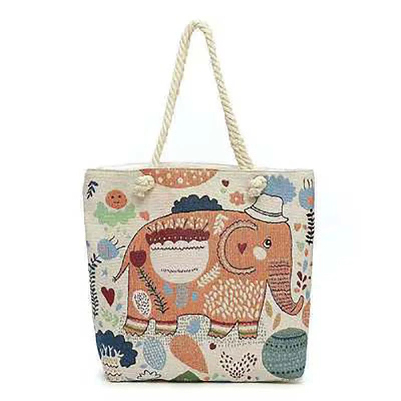 Ethnic Style Embroidered Linen Shoulder Bag with Thick Rope Strap