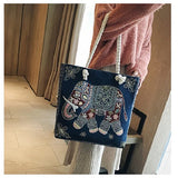 Ethnic Style Embroidered Linen Shoulder Bag with Thick Rope Strap