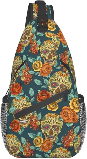 Skull And Flowers Sling Bag Crossbody Backpack Unisex Chest Bags