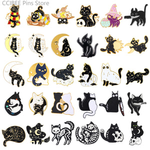 Skull Cat Pin Halloween Wizard Hat Brooch Enamel Lapel Pins