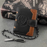 Skull Man ID Card/Money Clip Biker Leather Wallet with Chain