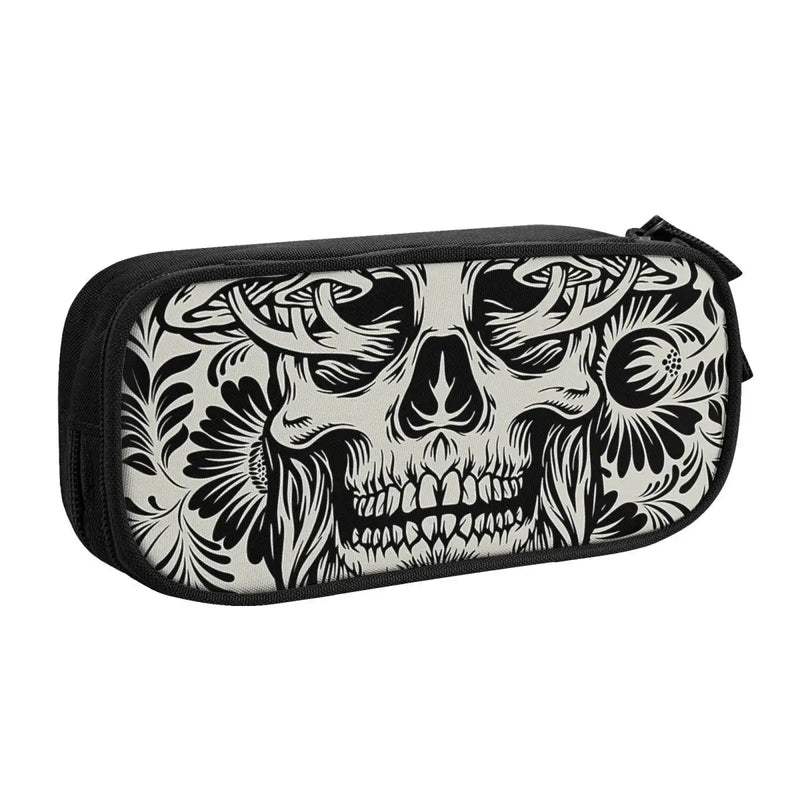 Skull Mushrooms Gray & Goth Pen Box Student School Anime Zipper Pen Bag