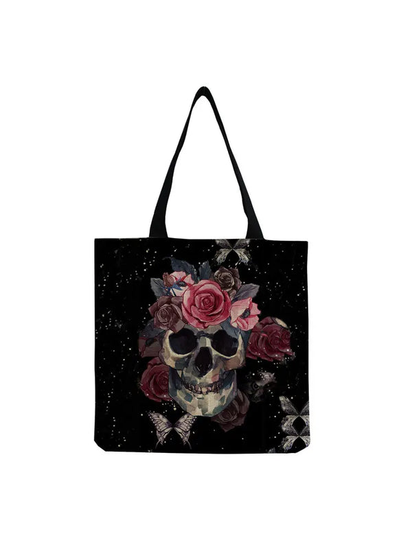 Skull Rose Butterfly Print Tote Handbag Horror Shoulder Bag