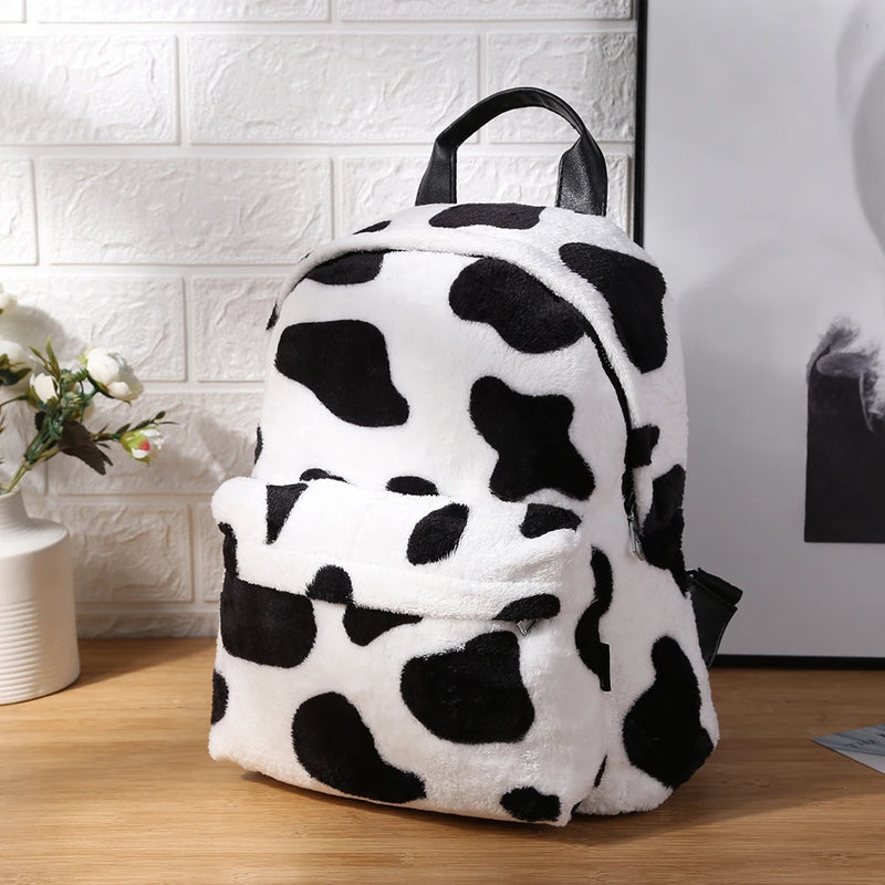 Small Animal Cow Pattern School Bags Soft Plush Winter Fluffy Shoulder Bags