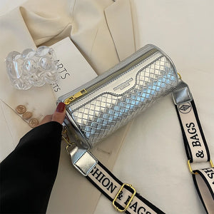 Small Barrel Shoulder Bag Silver Round Handbag Purse Crossbody Travel Bag