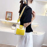 Contrast Bucket Bag Women PU Leather Crossbody Handbag Wide Shoulder Strap