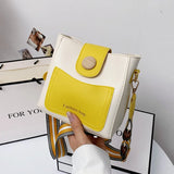 Contrast Bucket Bag Women PU Leather Crossbody Handbag Wide Shoulder Strap