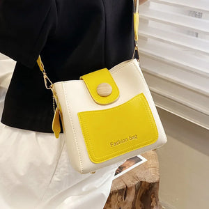 Contrast Bucket Bag Women PU Leather Crossbody Handbag Wide Shoulder Strap