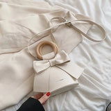 Sweet Bowtie Crossbody Bag Wooden Handle Round Shoulder Handbag