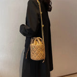 Diamond Lattice Bucket Purses Drawstring Barrel Women Hand