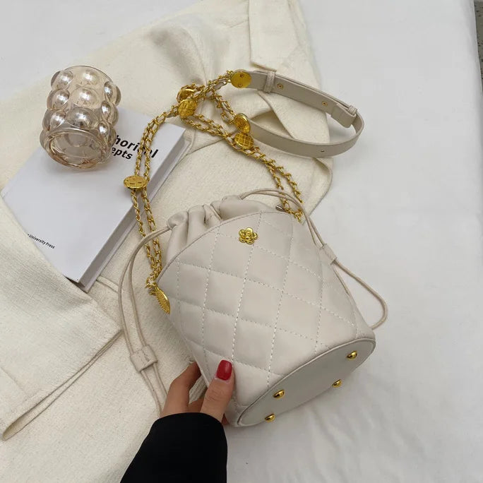 Diamond Lattice Bucket Purses Drawstring Barrel Women Hand