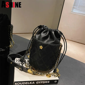 Diamond Lattice Bucket Purses Drawstring Barrel Women Hand
