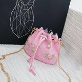 Embroidered Bucket Bag Drawstring Chain Strap Shoulder Messenger Bag