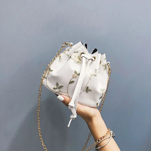 Embroidered Bucket Bag Drawstring Chain Strap Shoulder Messenger Bag
