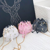 Embroidered Bucket Bag Drawstring Chain Strap Shoulder Messenger Bag