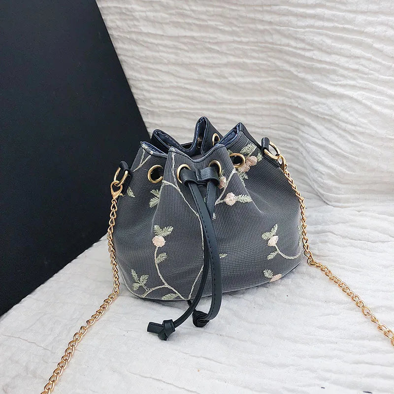 Embroidered Bucket Bag Drawstring Chain Strap Shoulder Messenger Bag