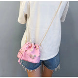 Embroidered Bucket Bag Drawstring Chain Strap Shoulder Messenger Bag
