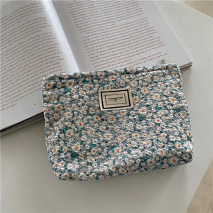 Fresh Floral Cotton Cosmetic Bag Zipper Large Capacity Storage Handbag