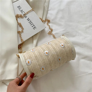 Woven Shoulder Bag Women Summer Flower Pattern Crossbody Bag