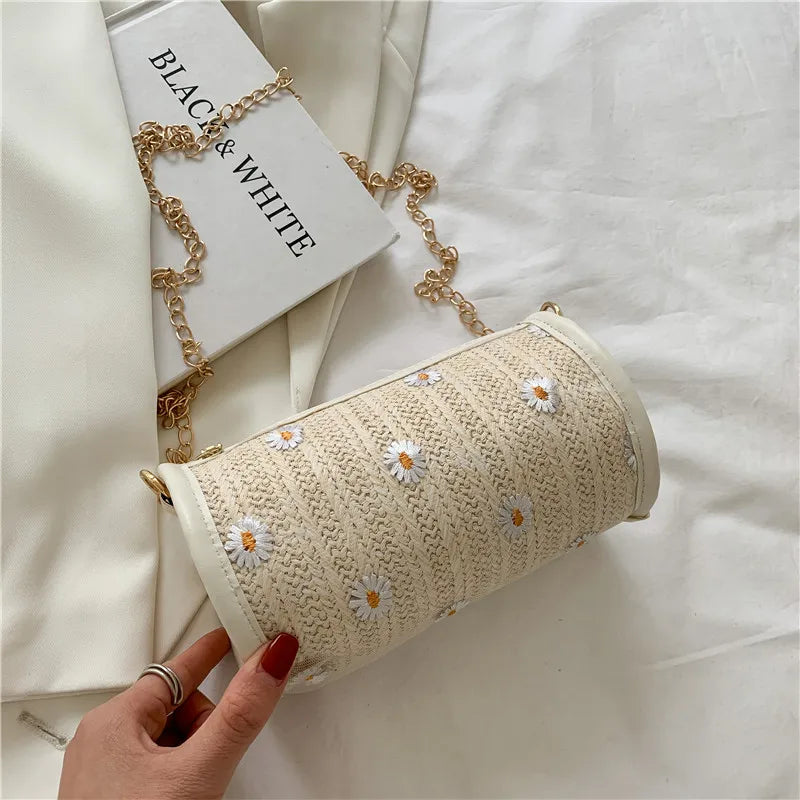 Woven Shoulder Bag Women Summer Flower Pattern Crossbody Bag