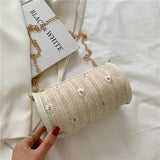 Woven Shoulder Bag Women Summer Flower Pattern Crossbody Bag