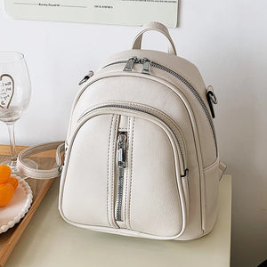 Leather Female Backpack for Women Curved Top Zip Front Backpack
