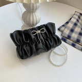 Pleated Bow PU Leather Crossbody Shoulder Bag for Women Ladies Travel Handbag