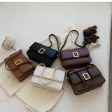 Vintage Leather Shoulder Bag with Lock - Small Square Crossbody Purse