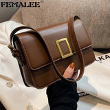 Vintage Leather Shoulder Bag with Lock - Small Square Crossbody Purse