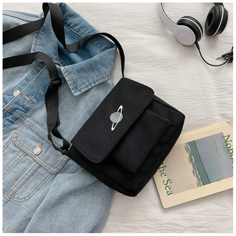 Embroidery Planet Crossbody Bag Canvas Messenger Pouch