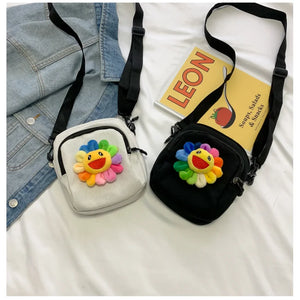 Small Square Women Canvas Handbags Mini Cloth Sunflower Shoulder Bags
