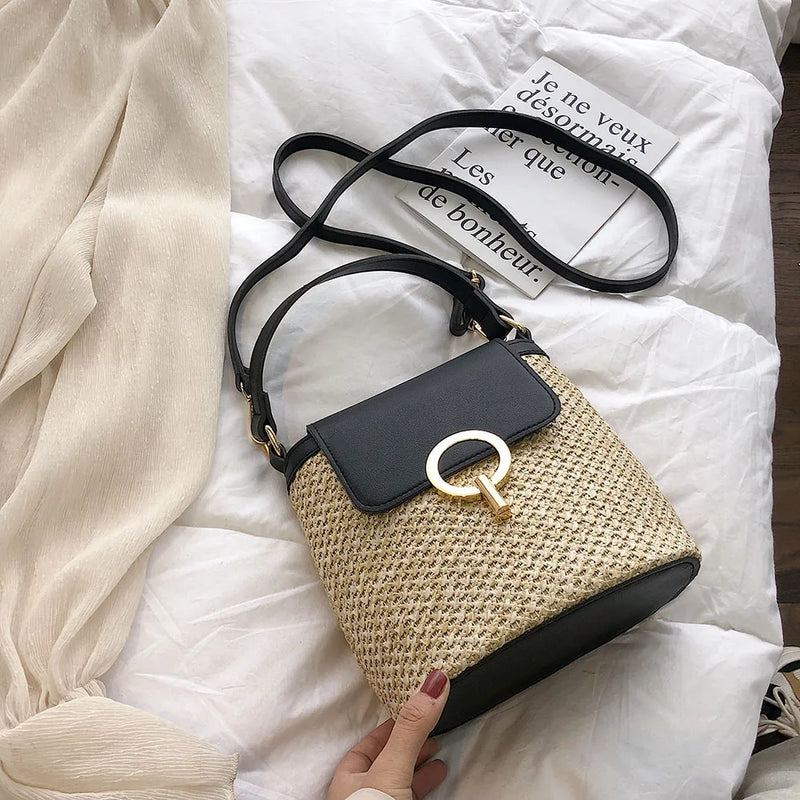 Straw Bucket Crossbody Bag Summer Travel Purse Handbag Shoulder Messenger