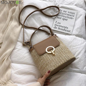 Straw Bucket Bag Women Crossbody Shoulder Messenger Travel Purse Handbag