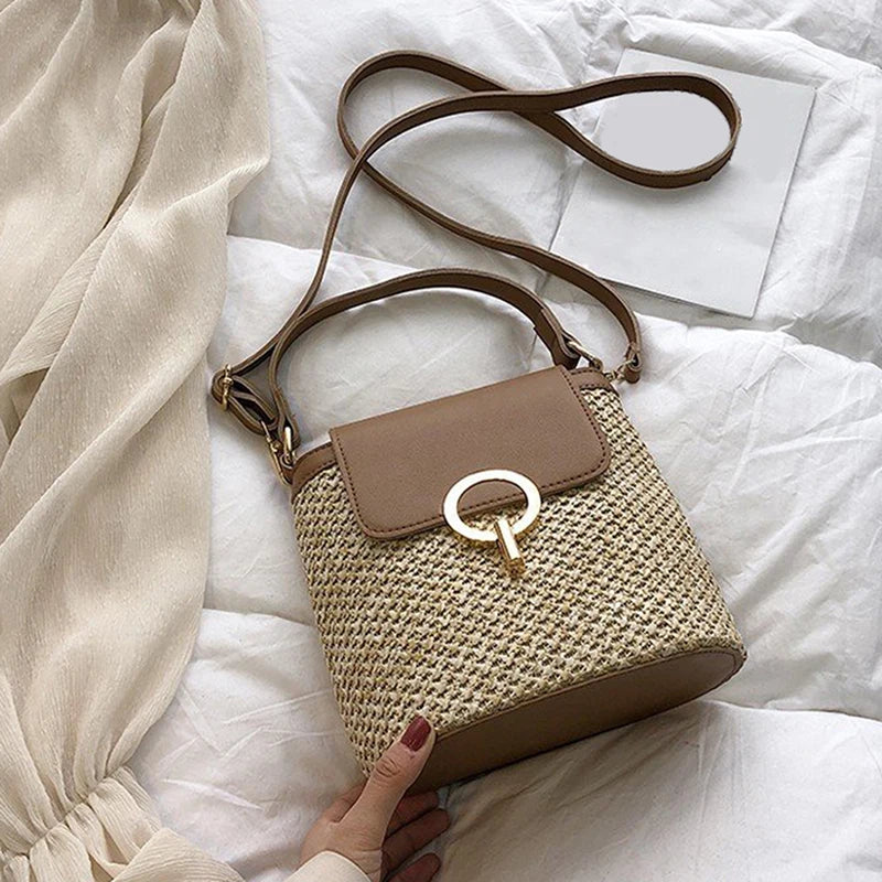 Straw Bucket Bag Women Crossbody Travel Purse Lady Shoulder Bag