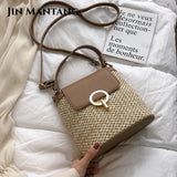 Straw Bucket Bag for Women Crossbody Summer Handbag Lady Shoulder Bag