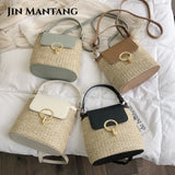Straw Bucket Bag for Women Crossbody Summer Handbag Lady Shoulder Bag